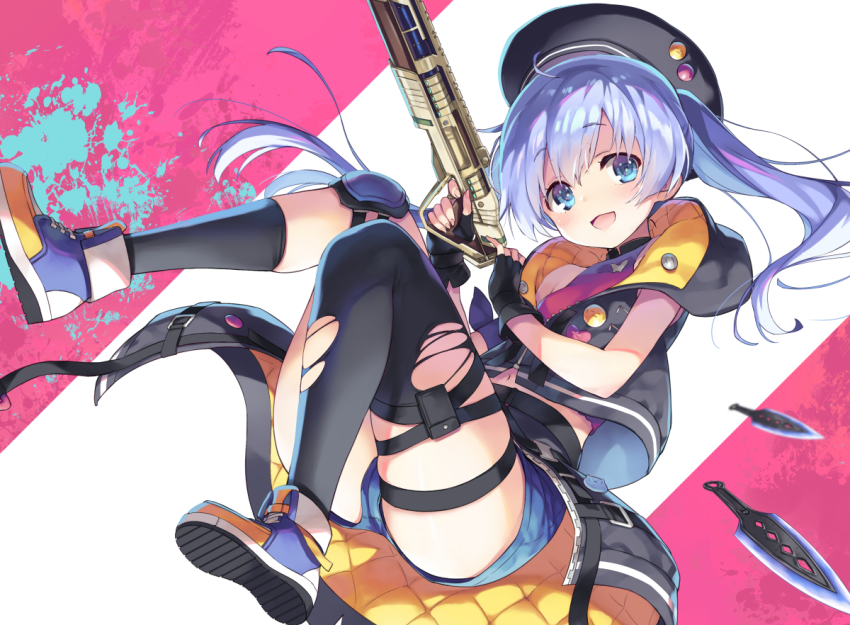 1girl, ahoge, apex_legends, asymmetrical_legwear, beret, black_thighhighs, blue_eyes, blue_hair, blush, commentary_request, fingerless_gloves, full_body, gloves, hat, holding, holding_weapon, hope's_dusk_(apex_legends), knee_pads, knife, looking_at_viewer, navel, nijisanji, open_mouth, shiny_skin, shoes, simple_background, sleeveless, smile, sneakers, solo, thigh_strap, thighhighs, thighs, tomose_shunsaku, torn_clothes, torn_thighhighs, twintails, uneven_legwear, virtual_youtuber, weapon, yuuki_chihiro, yuuki_chihiro_(10th_costume)