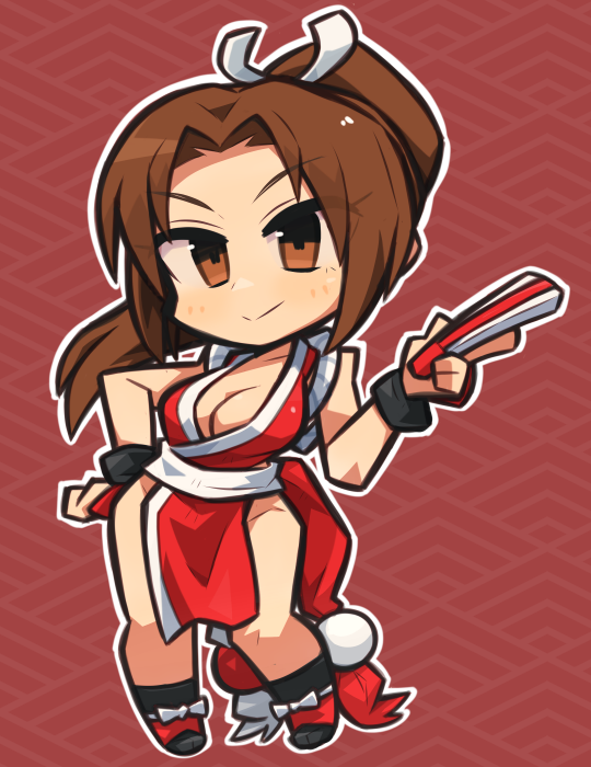1girl, breasts, brown_eyes, brown_hair, chibi, cleavage, fatal_fury, folding_fan