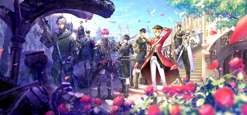 6+boys, ai_arctic_warfare, aiguillette, antique_firearm, aqua_eyes, armor, assault_rifle, asymmetrical_gloves, bird, black_footwear, black_gloves, blonde_hair, blurry, blurry_foreground, bolt_action, boots, brown_hair, bullpup, buttons, camouflage, cape, carbine, clothes_around_waist, coat, combat_boots, curly_hair, depth_of_field, domco, double-breasted, epaulettes, fingerless_gloves, firearm, firelock, fleur-de-lis, flintlock, flower, frown, full_body, gauntlets, george_(senjuushi_r), gloves, green_eyes, green_hair, grey_hair, gun, hair_over_one_eye, hand_on_headwear, hassan_(sink916), hasumikaoru, hat, heterochromia, high_collar, highres, holding, holding_gun, holding_weapon, jacket, jacket_around_waist, jitte_(senjuushi_r), knee_boots, l85, lace-up_boots, leather, leather_boots, lee-enfield, leg_belt, like_two_(senjuushi)_(all), like_two_(senjuushi_r), looking_at_viewer, machine_gun, male_focus, marks_(senjuushi_r), multiple_boys, musket, necktie, official_art, outdoors, pants, peaked_cap, petals, pink_eyes, pink_hair, purple_eyes, purple_hair, red_flower, red_rose, rifle, rose, rose_petals, ruins, sa80, scope, senjuushi:_the_thousand_noble_musketeers_rhodoknight, senjuushi_(series), short_hair, shoulder_armor, single_gauntlet, smile, sniper_rifle, squad_automatic_weapon, thigh_strap, torn_clothes, torn_pants, uneven_gloves, weapon, white_gloves, white_hair