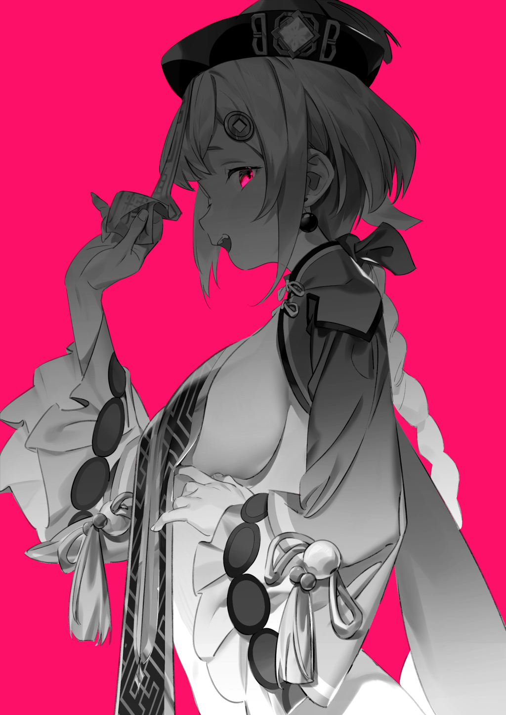 1girl, aged_up, alternate_breast_size_(larger), bikini, bow, braid, braided_ponytail, breasts, commentary, dubian_xiang, earrings, english_commentary, fang, from_side, genshin_impact, greyscale, greyscale_with_colored_background, hair_ornament, hat, highres, jewelry, jiangshi, large_breasts, long_sleeves, monochrome, open_clothes, open_mouth, qingdai_guanmao, qiqi_(genshin_impact), red_background, side-tie_bikini_bottom, sideboob, simple_background, smile, solo, string_bikini, swimsuit, underboob, wide_sleeves