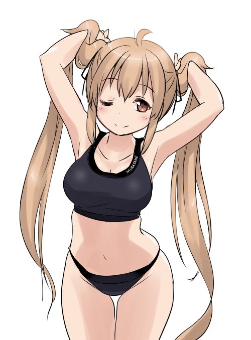 1girl, black_bra, black_panties, bra, breasts, character_name, commentary_request, cowboy_shot