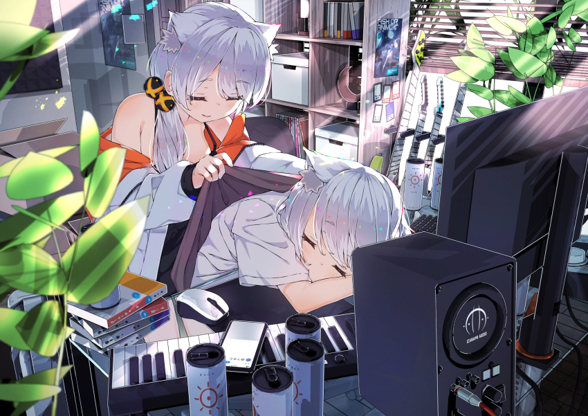 2girls, 5-string_bass_guitar, animal_ear_fluff, animal_ears, bass_guitar, blanket, can, canned_coffee