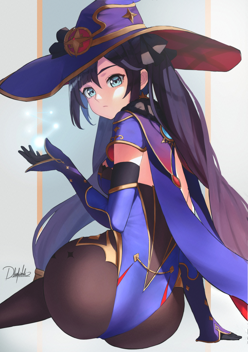 1girl, absurdres, aqua_eyes, ass, black_gloves, black_pantyhose, detached_sleeves, dhokidoki, genshin_impact, gloves, hair_ribbon, half-closed_eyes, hat, highleg, highleg_leotard, highres, huge_filesize, leotard, long_hair, long_sleeves, looking_back, mona_(genshin_impact), pantyhose, purple_hair, ribbon, sitting, solo, twintails, witch_hat