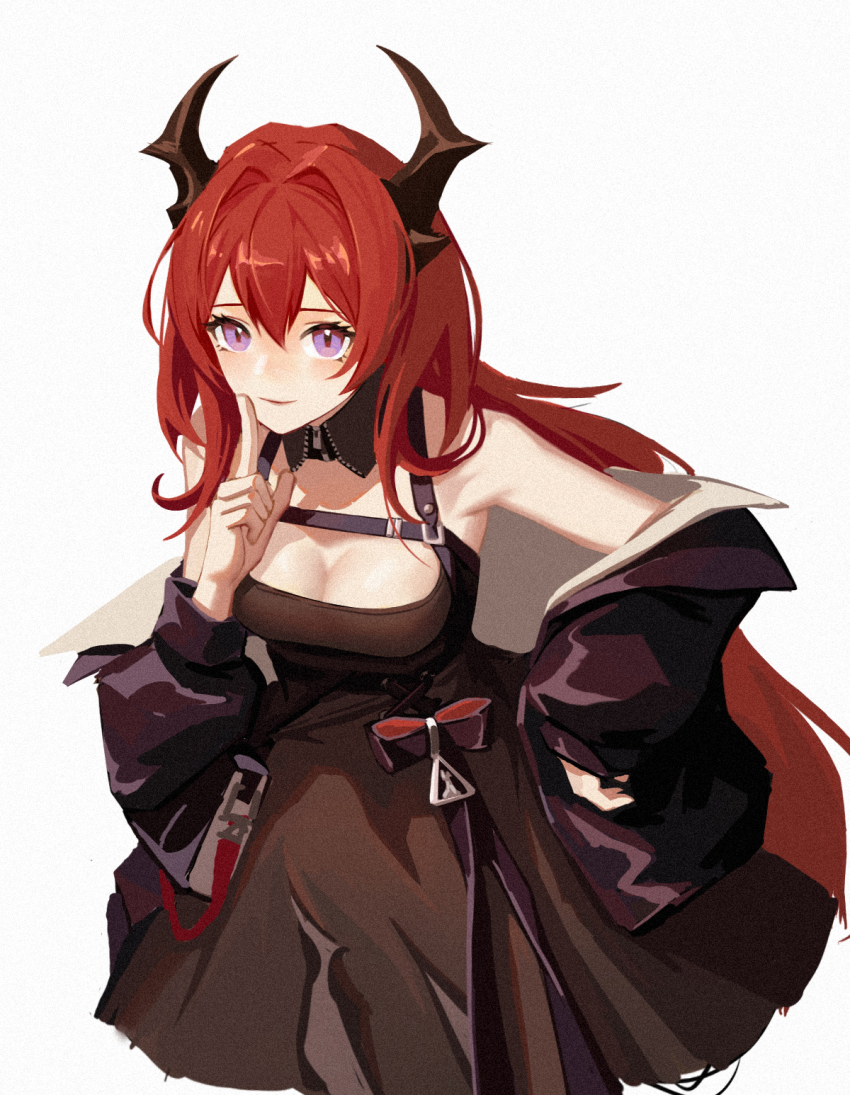 1girl, arknights, bare_shoulders, black_dress, breasts, chinese_commentary, cleavage, commentary_request