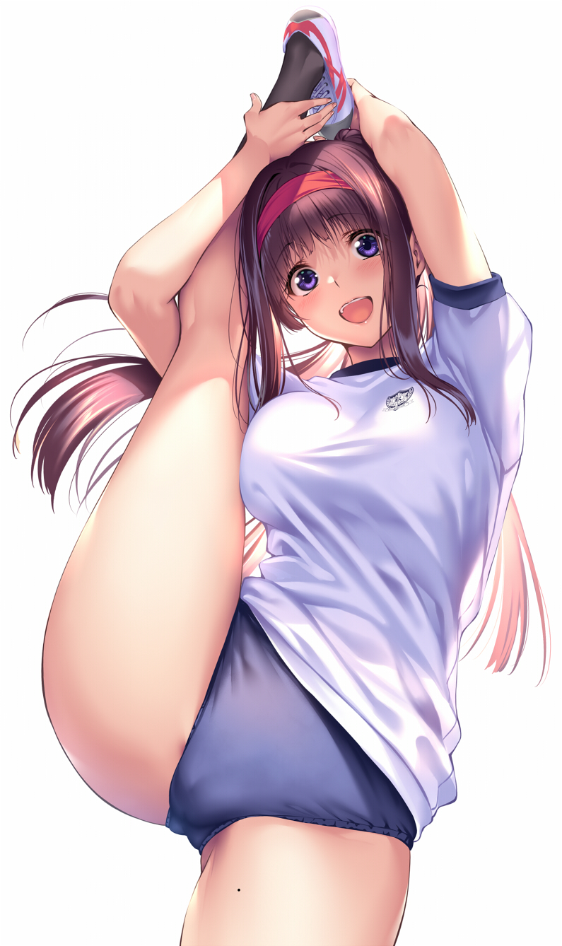 1girl, blush, breasts, buruma, flexible, gym_uniform, hanikami_kanojo, head_tilt