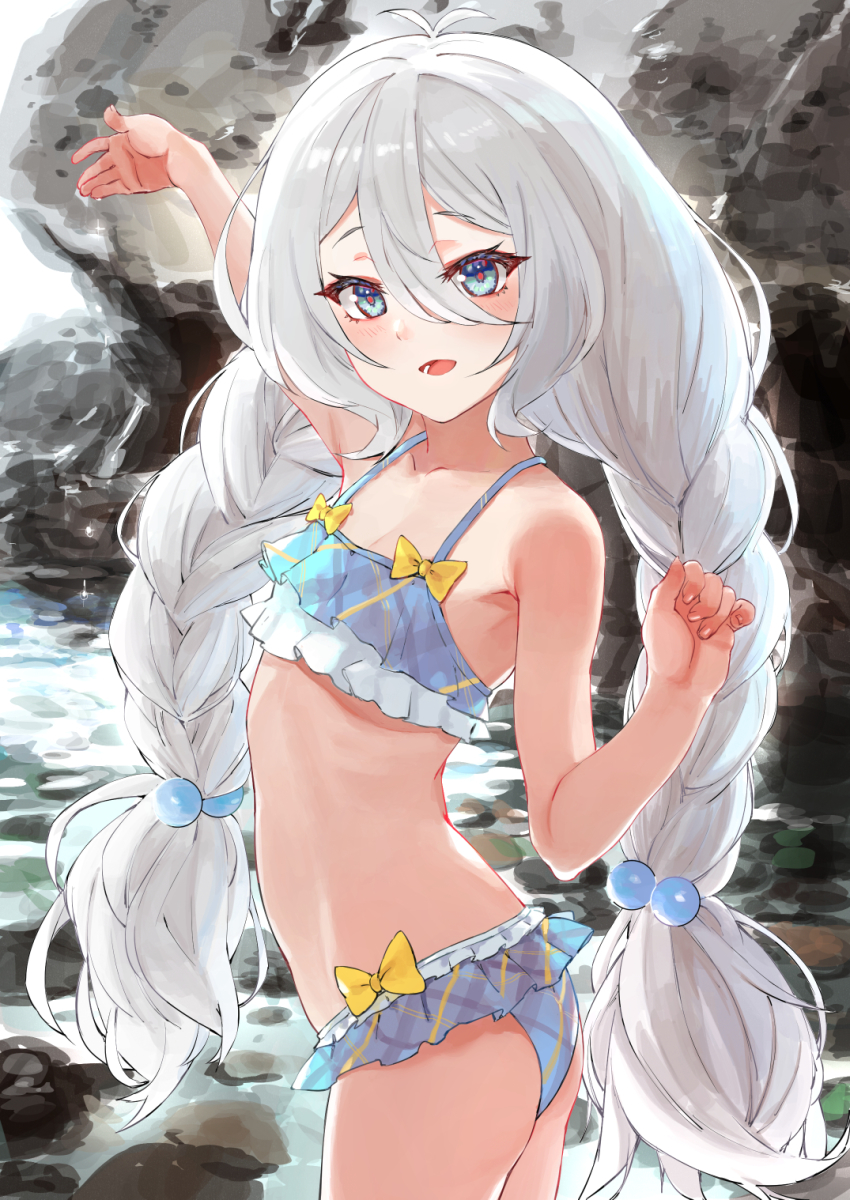 antenna_hair, bikini, blue_bikini, blue_eyes, braid, breasts, chen_bingyou, frilled_bikini