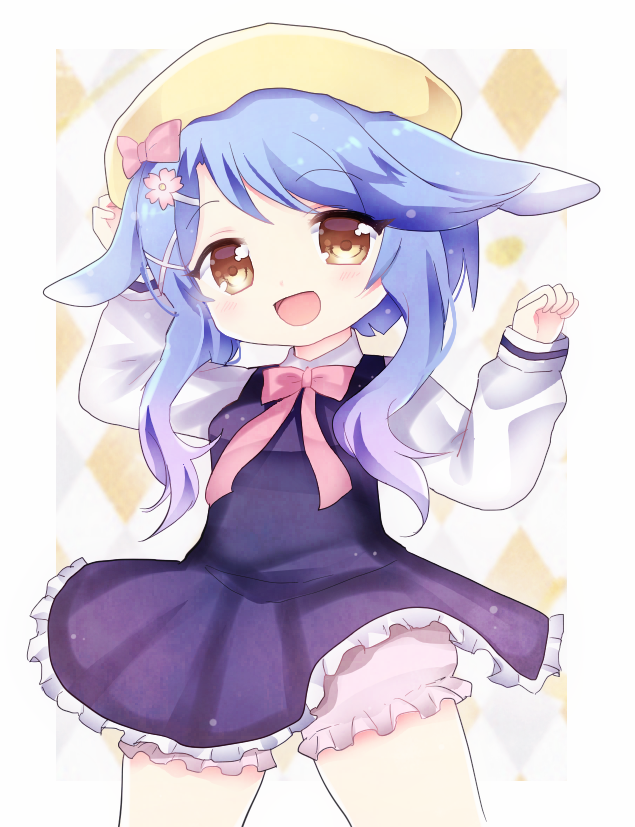 1girl, animal_ears, arms_up, azur_lane, bad_id, bad_pixiv_id, bloomers, blue_dress, blue_hair, brown_eyes, dress, flower, hair_flower, hair_ornament, hairclip, hand_on_headwear, hat, minazuki_(azur_lane), nohoshio, open_mouth, rabbit_ears, shirt, short_dress, short_hair, smile, solo, underwear, white_shirt, wind, wind_lift, yellow_hat