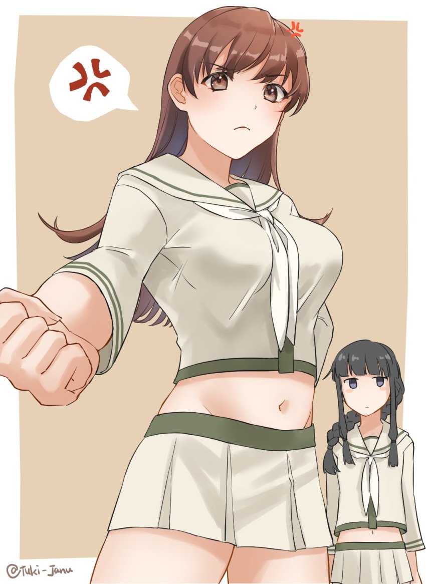 2girls, anger_vein, beige_sailor_collar, beige_serafuku, beige_shirt, beige_skirt, black_hair, blunt_bangs