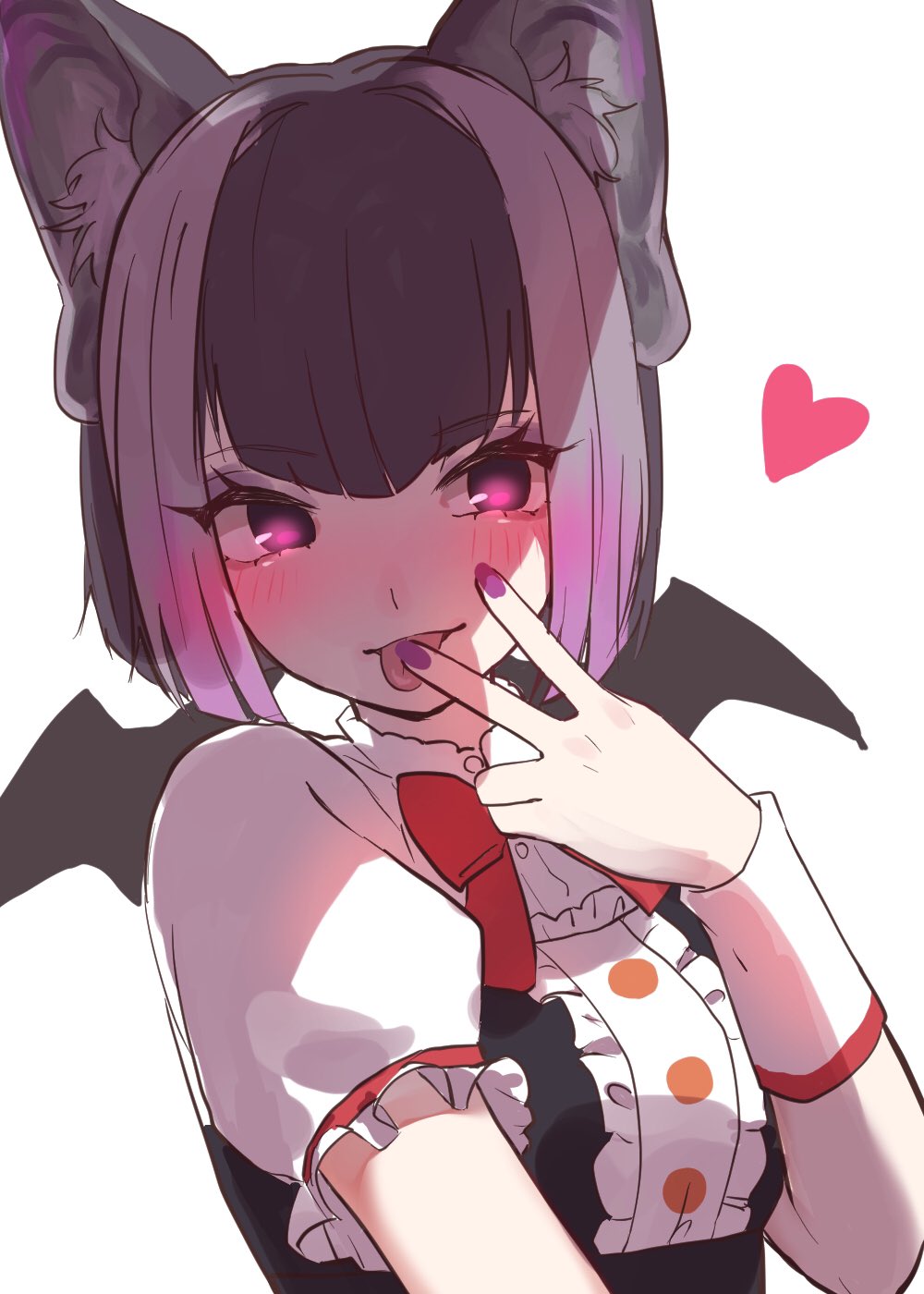 1girl, :p, animal_ears, bat_ears, bat_girl, bat_wings, black_hair, blush