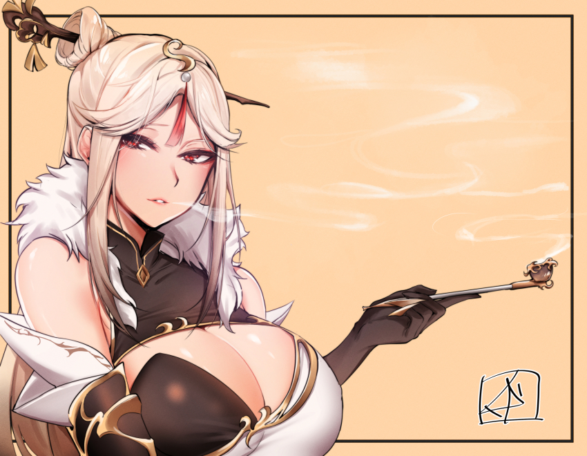 1girl, bare_shoulders, breasts, chickenvomit, china_dress, chinese_clothes, cleavage, dress