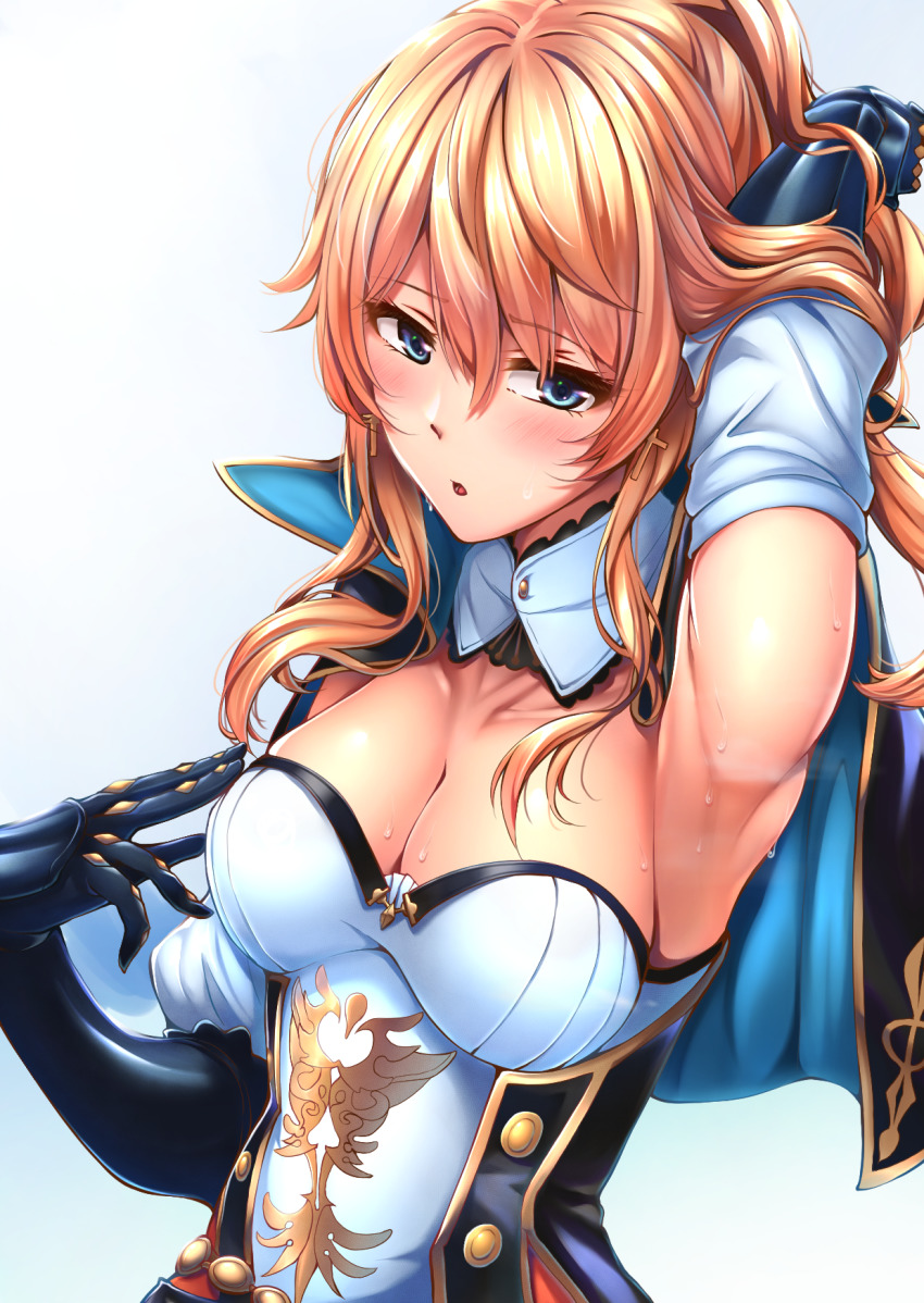 1girl, arm_up, armpits, blue_eyes, blush, breasts, cape, cross, cross_earrings, earrings, genshin_impact, gloves, half-closed_eyes, highres, jean_(genshin_impact), jewelry, looking_at_viewer, medium_breasts, open_mouth, ponytail, simple_background, solo, sweat, white_background, xlscaler