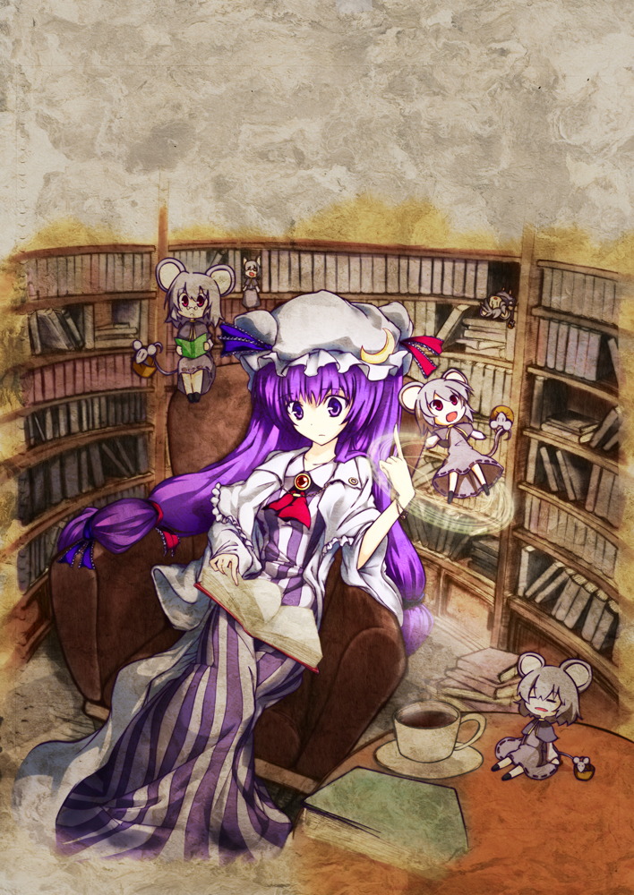5girls, 6+girls, animal_ears, bespectacled, book, bookshelf, crescent, cup