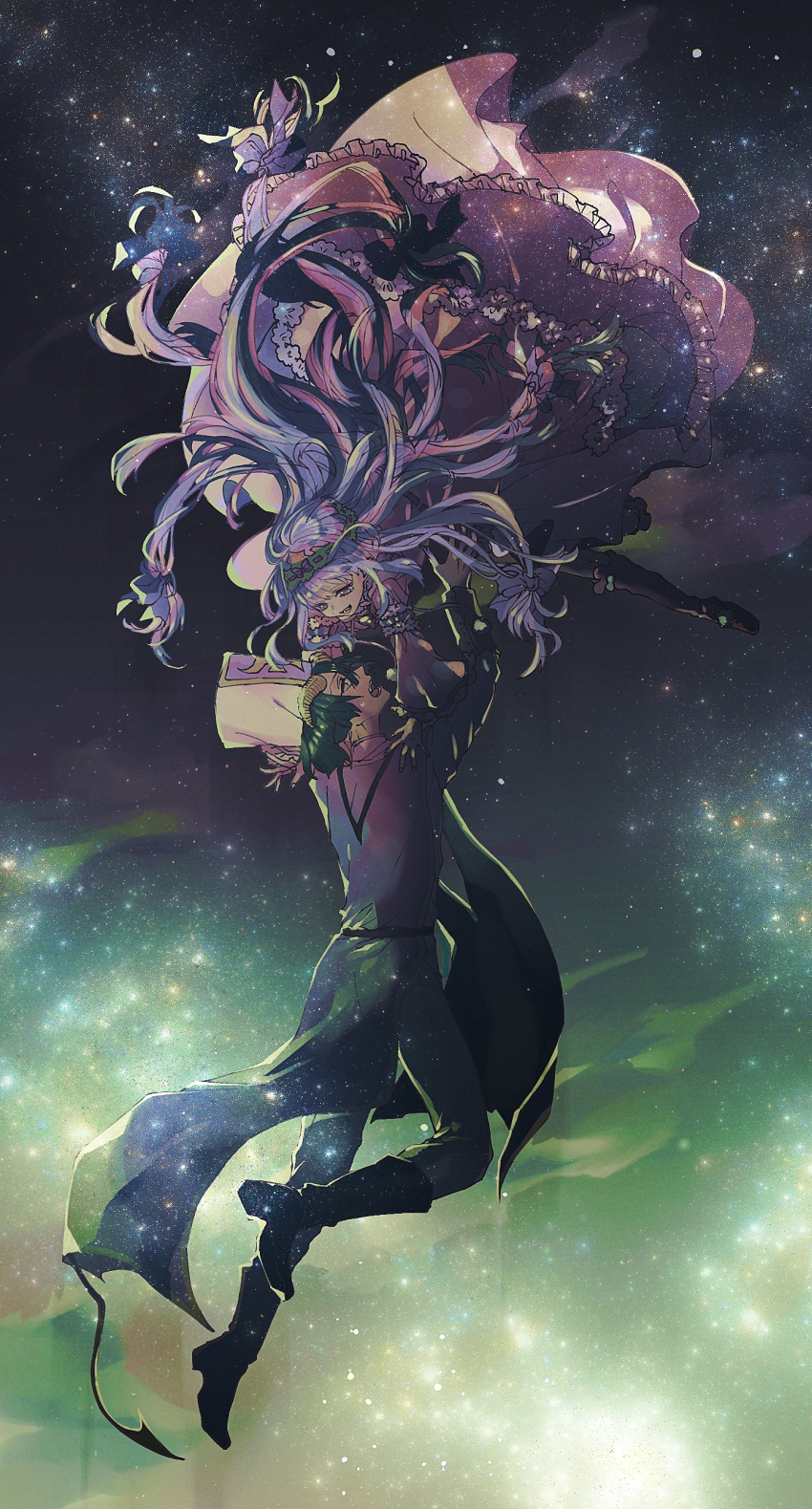 1boy, 1girl, absurdres, aurora_sya_lis_kaymin, boots, catching, demon_cleric, falling, green_hair, hair_ribbon, hat, highres, horns, koma_(komagoma_co), long_hair, long_sleeves, looking_at_another, maou-jou_de_oyasumi, multicolored_hair, purple_hair, ribbon, silver_hair, very_long_hair