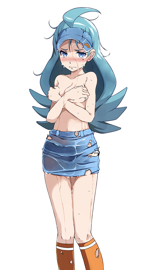 1girl, antenna_hair, aqua_hair, bare_arms, bare_shoulders, blue_eyes, blue_hat, blue_skirt