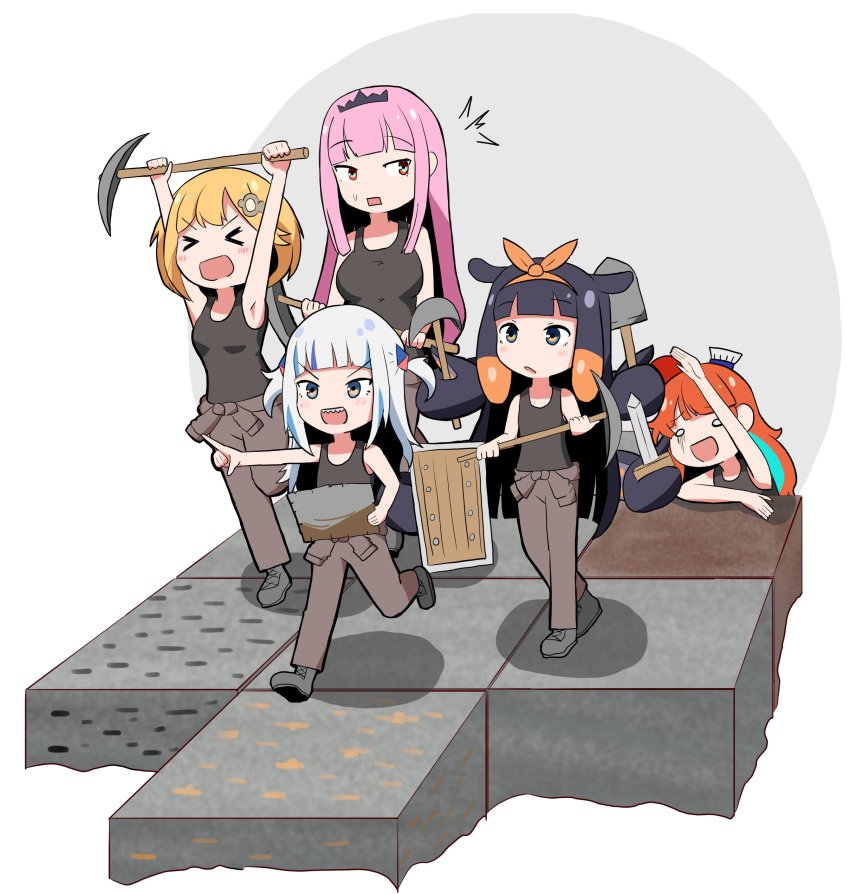 >_<, 5girls, absurdres, alin_laphel, alternate_costume, black_hair, blonde_hair, chibi