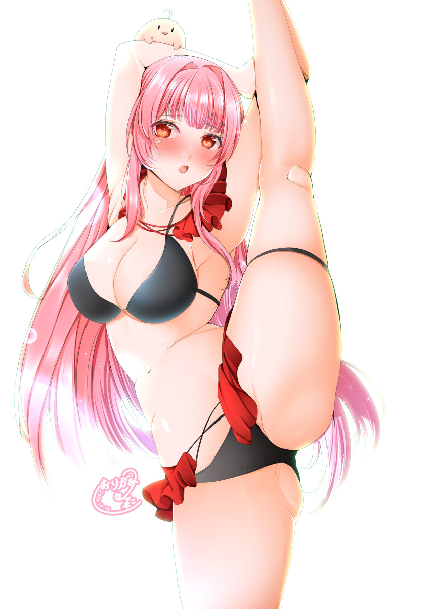 1girl, absurdres, azur_lane, blush, breasts, flexible, frills, high_kick, highres, kicking, large_breasts, leg_lift, leg_up, long_hair, manjuu_(azur_lane), origami_aya, pink_eyes, pink_hair, princeton_(azur_lane), princeton_(seaside_training)_(azur_lane), simple_background, solo, split, standing, standing_on_one_leg, standing_split, swimsuit, white_background