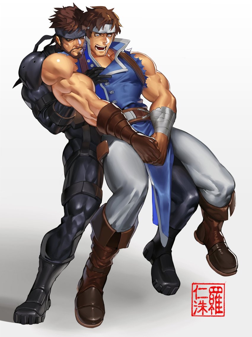 2boys, bandages, bara, bare_shoulders, black_bodysuit, blue_eyes, bodysuit, brown_hair