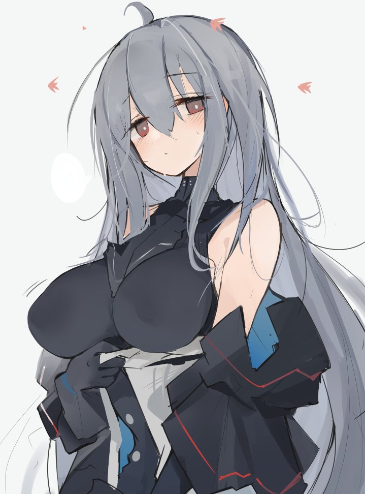 1girl, ahoge, arknights, ascot, bare_shoulders, black_ascot, black_gloves, black_shirt
