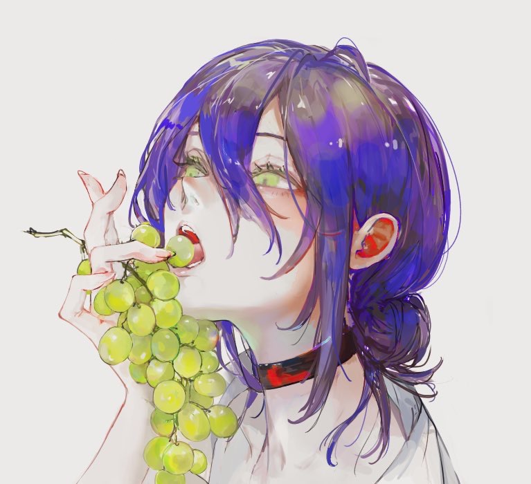 1girl, black_choker, blue_hair, chainsaw_man, choker, eating, food, fruit, grapes, green_eyes, grey_background, hair_between_eyes, hand_up, holding, holding_food, holding_fruit, kf8fw, open_mouth, portrait, reze_(chainsaw_man), shirt, simple_background, solo, white_shirt