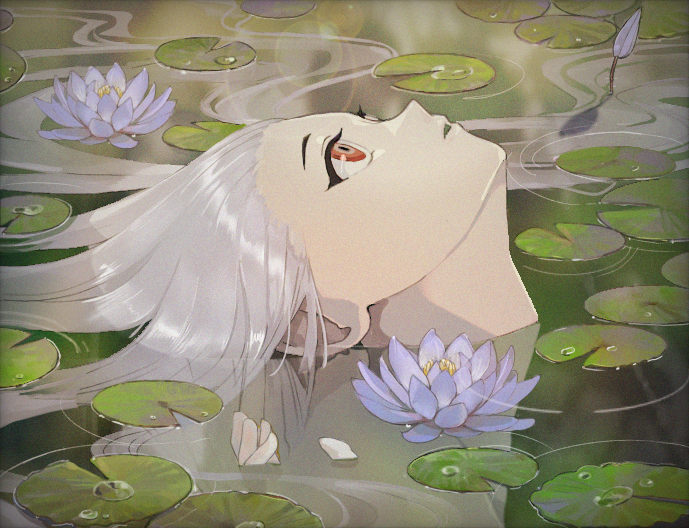 1girl, floating_hair, flower, hair_spread_out, kf8fw, lily_pad, looking_up, original