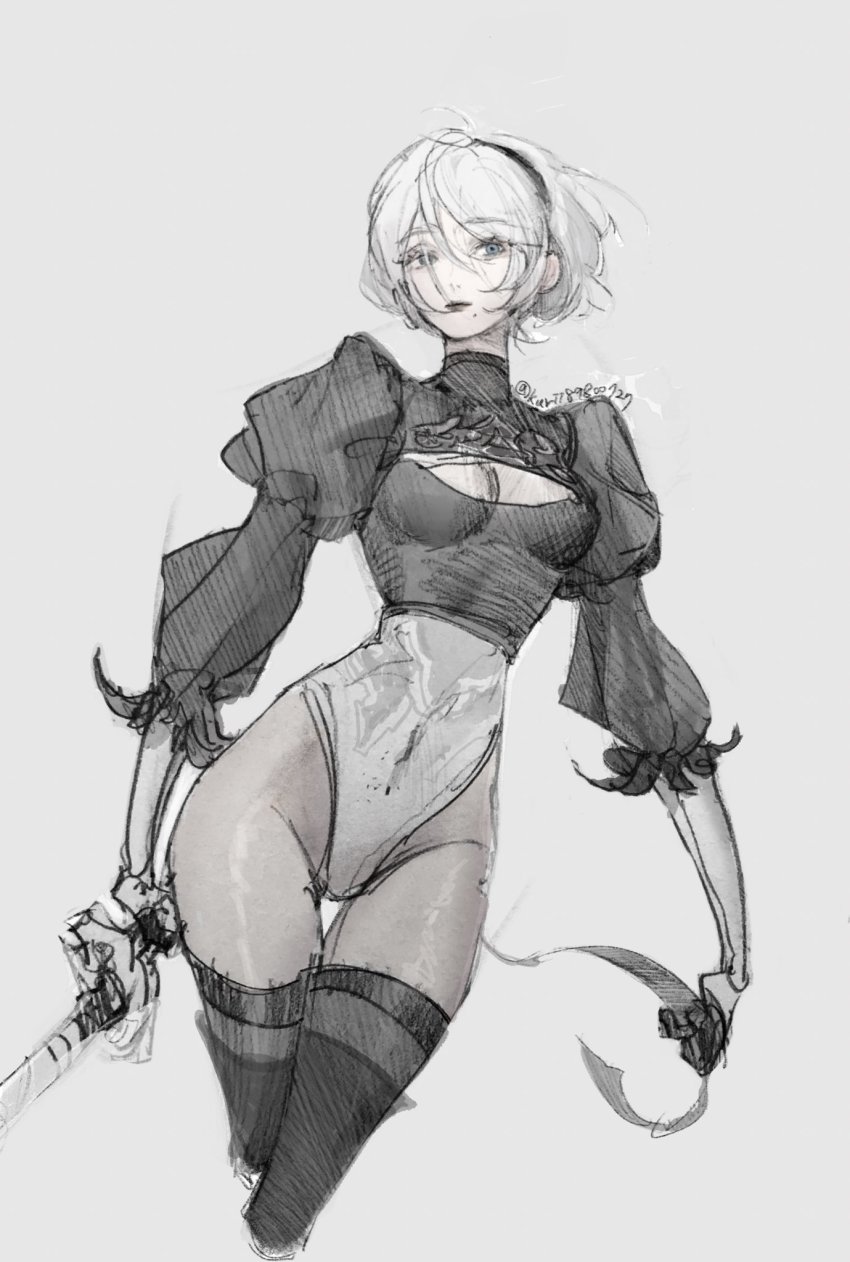 1girl, 2b_(nier:automata), black_footwear, black_gloves, black_hairband, black_legwear, blindfold, blue_eyes