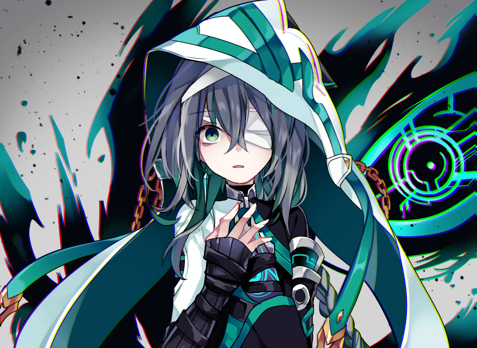 1boy, ainchase_ishmael, bad_id, bad_pixiv_id, bandage_over_one_eye, bandages, chromatic_aberration, colored_skin