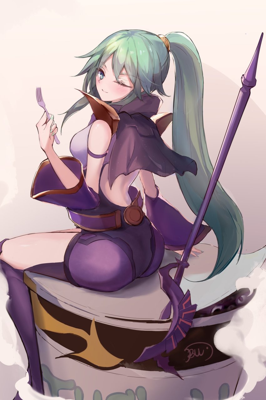 1girl, back_cutout, bare_shoulders, blush, breasts, capelet, clothing_cutout, commentary, instant_cup_noodles, detached_sleeves, duel_monster, el_shaddoll_winda, feet_out_of_frame, fork, gishihi, green_eyes, green_hair, green_nails, high_ponytail, highres, holding, holding_fork, instant_fusion, instant_noodles, long_hair, looking_at_viewer, nail_polish, noodle_stopper, one_eye_closed, ponytail, purple_legwear, shadow, signature, sitting, sketch, solo, staff, steam, wide_sleeves, winda_(yu-gi-oh!), winda_priestess_of_gusto, yu-gi-oh!