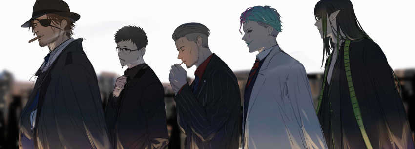 5boys, belmond_banderas, belmond_banderas_(5th_costume), black-framed_eyewear, black_hair, black_headwear, black_jacket, black_vest, blurry, blurry_background, brown_hair, cigar, cigarette, closed_eyes, collared_shirt, depth_of_field, diagonal-striped_neckwear, elf, eyepatch, facial_hair, facial_mark, formal_clothes, from_side, glasses, green_hair, grey_hair, hanabatake_chaika, hanabatake_chaika_(2nd_costume), hands_up, hat, highres, isshiki_(ffmania7), jacket, joe_rikiichi, long_hair, long_sleeves, maimoto_keisuke, male_focus, mouth_hold, multicolored_hair, multiple_boys, necktie, nijisanji, over-rim_eyewear, pink_hair, pinstripe_pattern, pinstripe_suit, pointy_ears, profile, red_neckwear, semi-rimless_eyewear, shirt, smoke, smoking, streaked_hair, striped_clothes, striped_necktie, striped_neckwear, stubble, suit, two-tone_hair, upper_body, very_long_hair, vest, virtual_youtuber, white_jacket, white_shirt, yashiro_kizuku