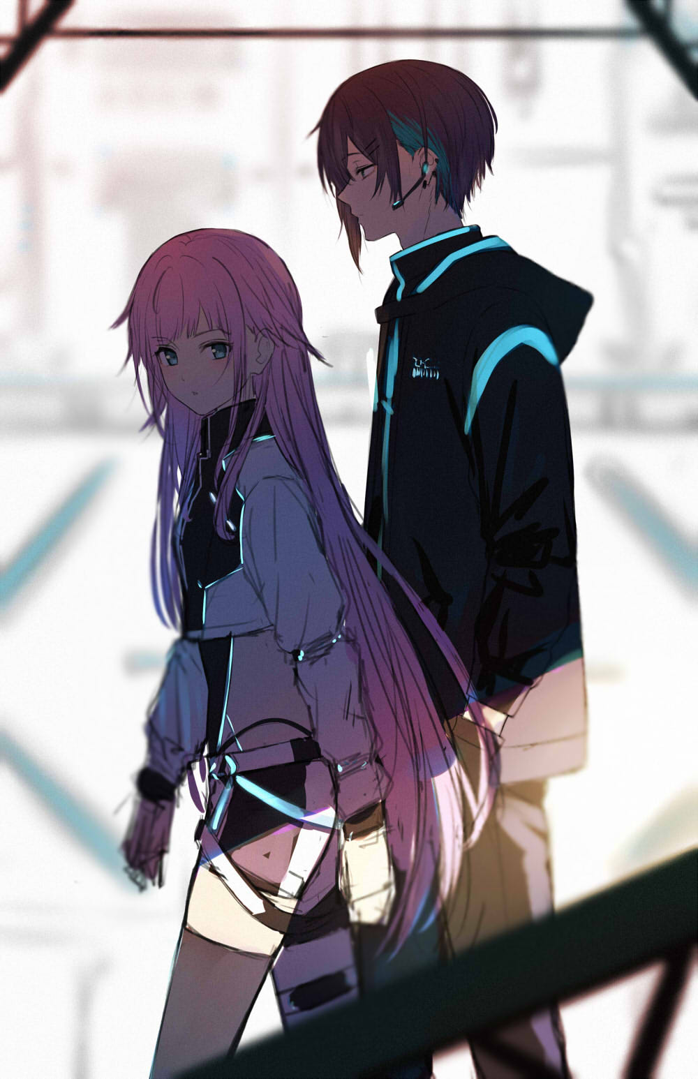 1boy, 1girl, black_hair, black_jacket, black_pants, black_shorts, black_thighhighs, blue_eyes, blue_hair, blurry, blurry_background, blurry_foreground, closed_mouth, crop_top, depth_of_field, headset, highres, isshiki_(ffmania7), jacket, long_hair, long_sleeves, looking_at_viewer, looking_to_the_side, mayuzumi_kai, mayuzumi_kai_(2nd_costume), multicolored_hair, nijisanji, pants, parted_lips, pink_hair, shirt, short_shorts, shorts, sketch, streaked_hair, thighhighs, very_long_hair, virtual_youtuber, white_shirt, yuuhi_riri, yuuhi_riri_(4th_costume)