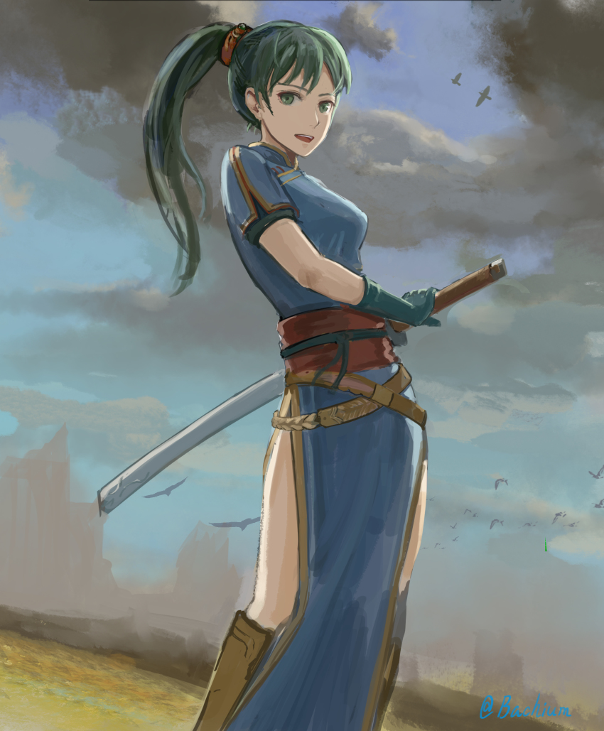 1girl, absurdres, bachium, bird, blue_dress, boots, dress, fire_emblem, fire_emblem:_the_blazing_blade, gloves, green_eyes, green_hair, highres, katana, looking_at_viewer, lyn_(fire_emblem), nintendo, ponytail, rope_belt, sword, thighs, weapon