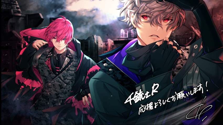 2boys, black_gloves, blurry, blurry_background, buttons, camouflage, curly_hair, depth_of_field, domco, double-breasted, dressing, earrings, expressionless, fingerless_gloves, gloves, grey_hair, heterochromia, highres, hood, hooded_jacket, jacket, jewelry, like_two_(senjuushi)_(all), like_two_(senjuushi_r), looking_down, male_focus, marks_(senjuushi_r), multiple_boys, multiple_earrings, necktie, outdoors, pink_eyes, pink_hair, purple_eyes, red_eyes, ruins, senjuushi:_the_thousand_noble_musketeers_rhodoknight, senjuushi_(series), short_hair, signature, single_earring, single_glove, walking, wind, wind_lift