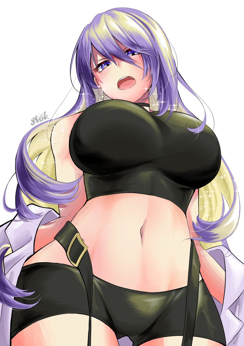 1girl, absurdres, bare_shoulders, bike_shorts, black_choker, breasts, choker, crop_top, gradient_hair, hair_between_eyes, highres, hololive, hololive_indonesia, jacket, jewelry, large_breasts, long_hair, looking_at_viewer, midriff, moona_hoshinova, multicolored_hair, navel, open_mouth, purple_eyes, purple_hair, saltnvalk, shirt, sleeveless, sleeveless_shirt, solo, stomach, two-tone_hair, undressing, virtual_youtuber