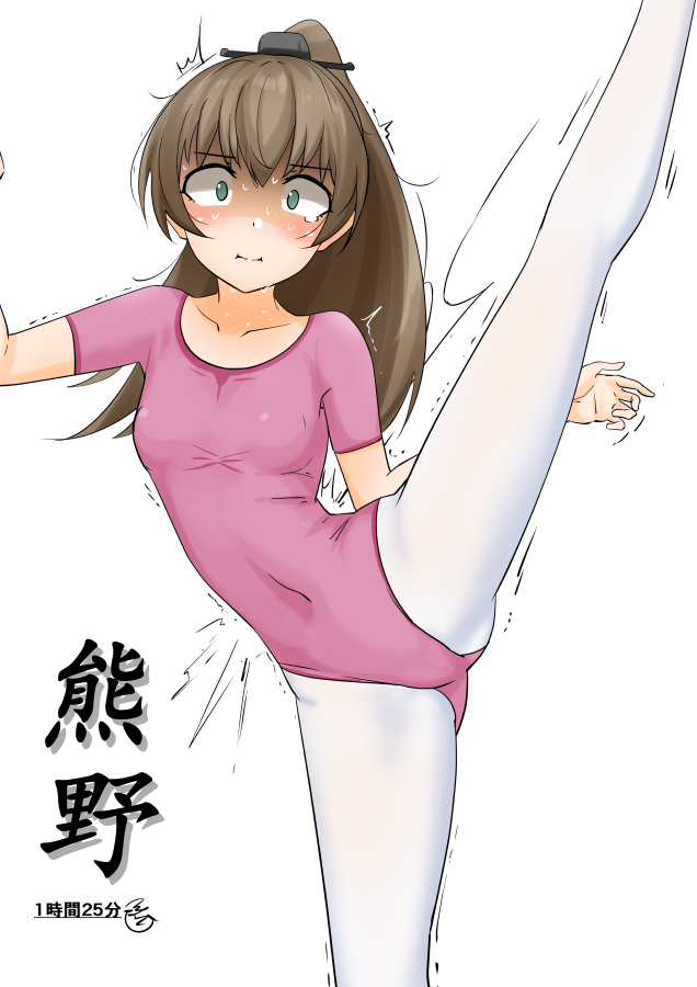 1girl, athletic_leotard, ballerina, blue_eyes, breasts, brown_hair, closed_mouth, collarbone, damaged, gymnastics, hair_between_eyes, hair_ornament, hairclip, highleg, highleg_leotard, kantai_collection, kumano_(kancolle), leg_up, leotard, long_hair, looking_at_viewer, pantyhose, pink_leotard, ponytail, rhythmic_gymnastics, shaded_face, short_sleeves, simple_background, small_breasts, solo, split, standing, standing_on_one_leg, standing_split, tsukino_murakumo, white_background, white_pantyhose