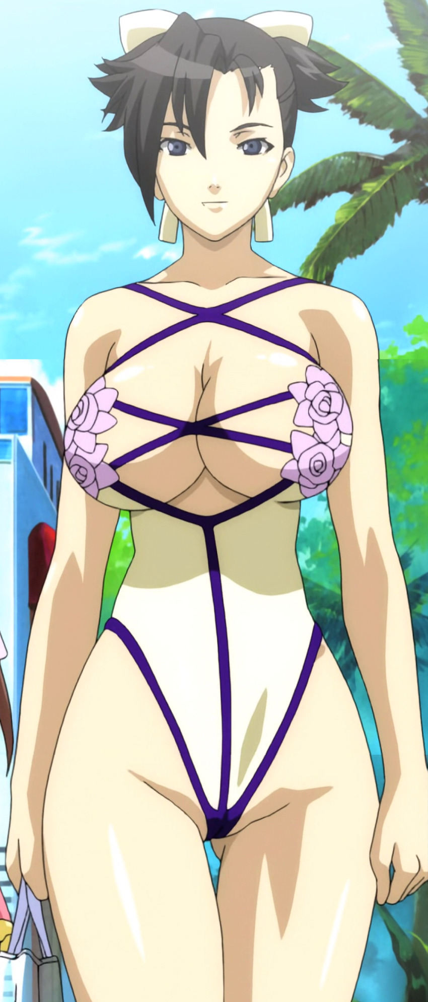 00s, 1girl, absurdres, anime_screenshot, bakuretsu_tenshi, bare_shoulders, black_hair, breasts, cleavage, curvy, day, female_focus, gonzo_(company), hair_ribbon, highleg, highleg_one-piece_swimsuit, highres, huge_breasts, one-piece_swimsuit, pale_skin, ponytail, ribbon, ryona, sei_(bakuretsu_tenshi), shiny_skin, short_hair, sky, smile, solo, stitched, swimsuit, thighs, third-party_edit, upper_body, wide_hips