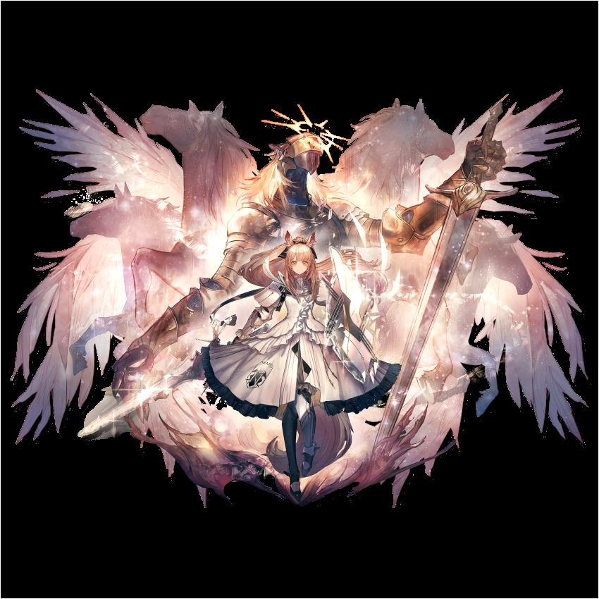 1girl, animal_ears, arknights, armor, black_ribbon, blemishine_(arknights), blemishine_(elite_ii)_(arknights), blonde_hair, elite_ii_(arknights), full_body, greaves, hair_ribbon, highres, holding, holding_sword, holding_weapon, horse_girl, long_hair, looking_at_viewer, official_art, ribbon, ryuuzaki_ichi, shield, skirt, skirt_set, smile, solo, sword, tail, transparent_background, weapon, white_skirt, yellow_eyes