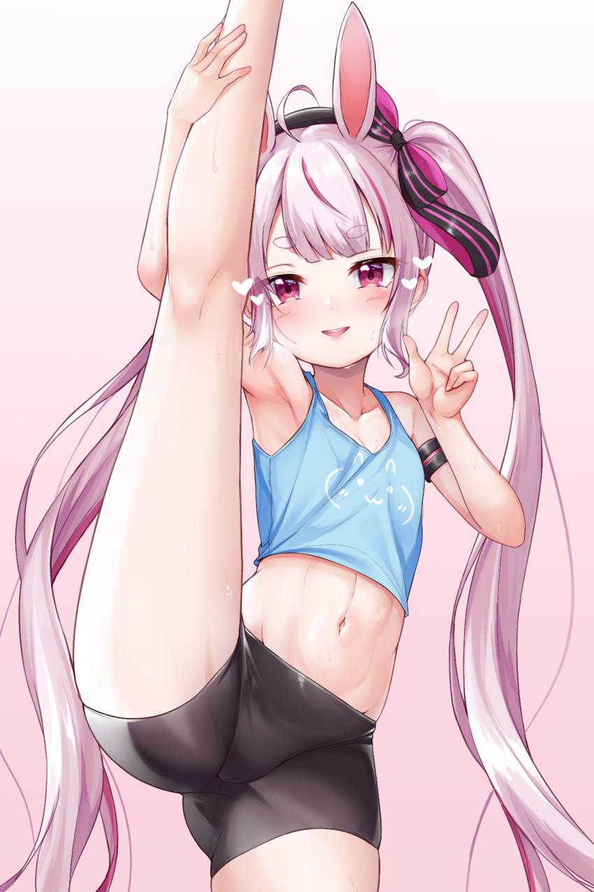 1girl, ahoge, animal_ears, armpits, bike_shorts, bow, collarbone, hair_bow