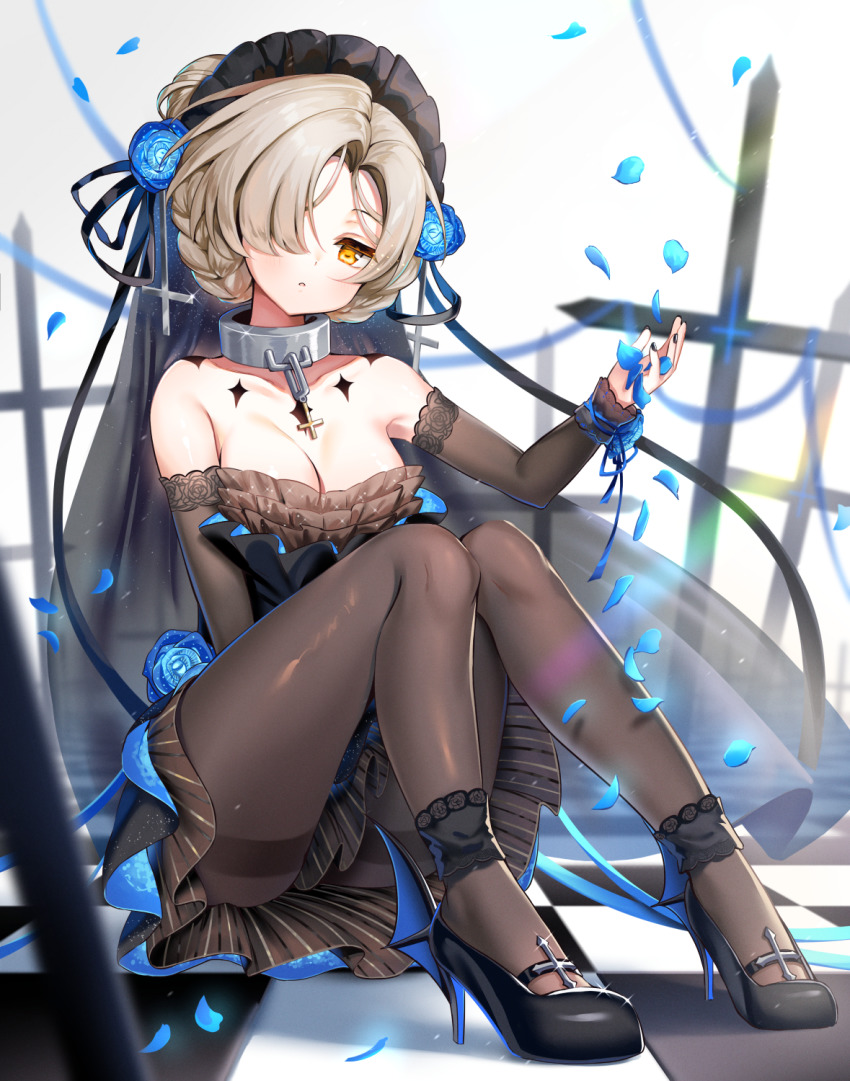 1girl, azur_lane, bare_shoulders, black_nails, black_shoes, blue_flower, blue_rose, blurry