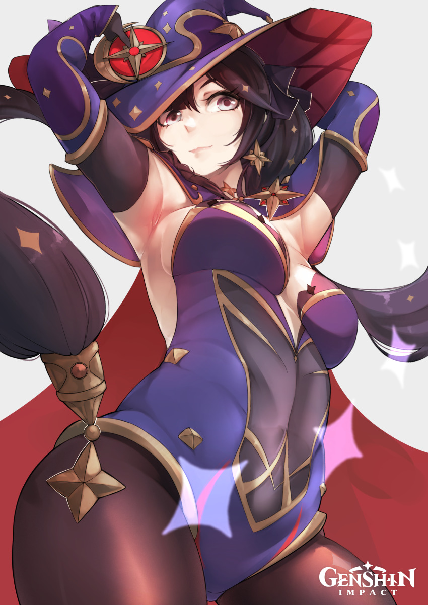 1girl, absurdres, armpits, arms_up, bang_telex, black_pantyhose, blue_eyes, breasts, cape, covered_navel, detached_sleeves, earrings, genshin_impact, hair_ornament, hat, highres, jewelry, leotard, long_hair, long_sleeves, medium_breasts, mona_(genshin_impact), pantyhose, purple_hair, sideboob, simple_background, sleeveless, smile, solo, star_(symbol), star_earrings, star_hair_ornament, twintails, white_background, witch_hat