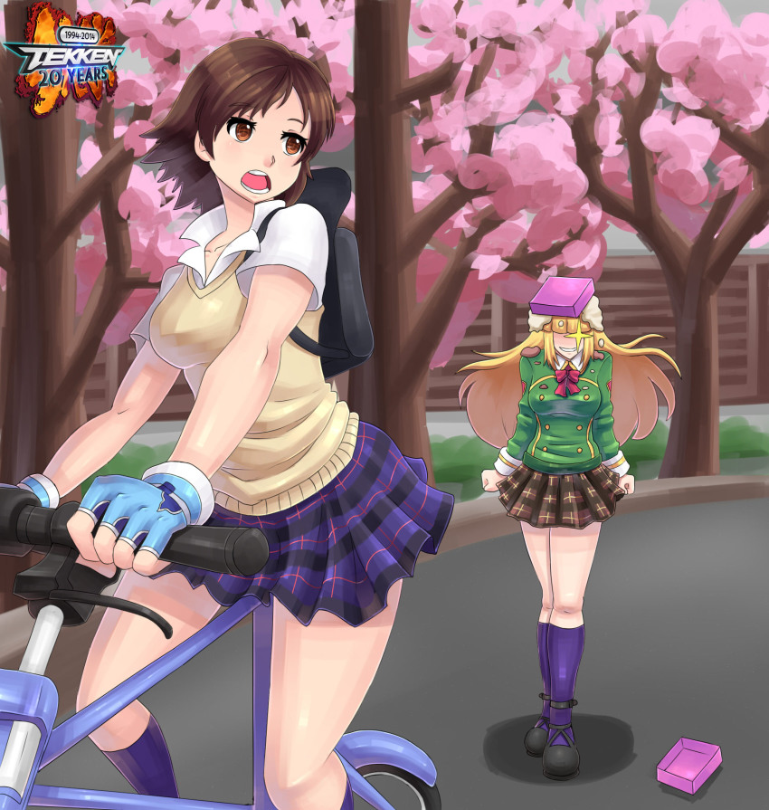annoyed, bento, bicycle, blonde_hair, brown_hair, emilie_de_rochefort, highres, kazama_asuka