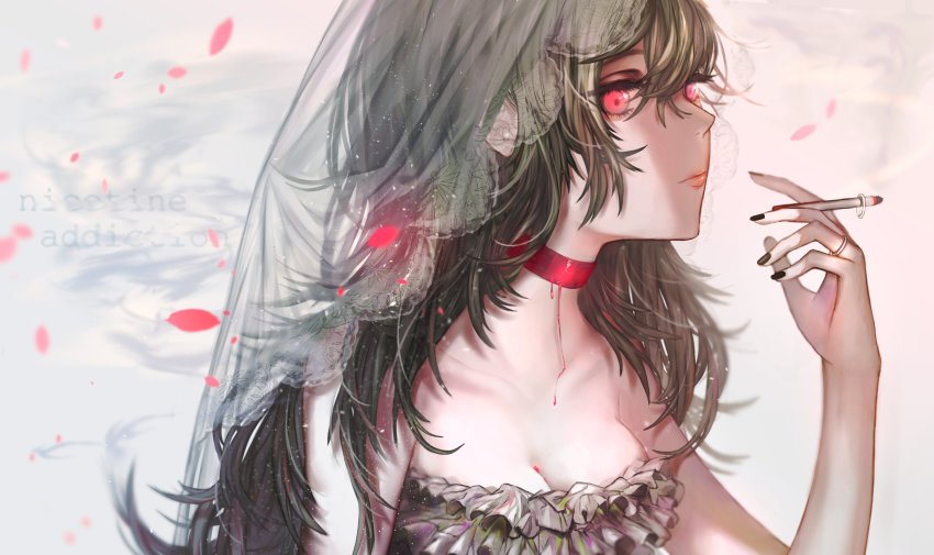 1girl, absurdres, addiction, black_hair, black_nails, bleeding, blood, blurry