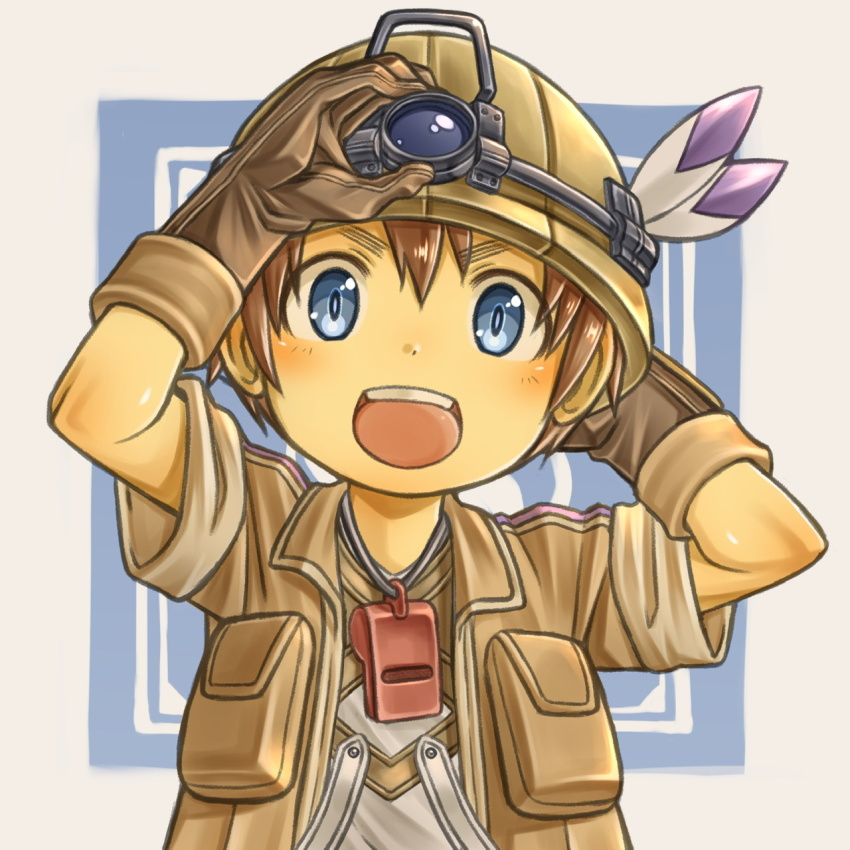 1boy, :d, arm_behind_head, arms_up, blue_eyes, blush, brown_gloves, brown_hair, brown_jacket, child, commentary_request, gloves, happy, hat_feather, helmet, highres, jacket, looking_at_viewer, made_in_abyss, male_focus, natt_(made_in_abyss), open_clothes, open_jacket, open_mouth, rua_(pixiv292244), shirt, short_hair, short_sleeves, smile, solo, teeth, upper_body, upper_teeth_only, whistle, whistle_around_neck