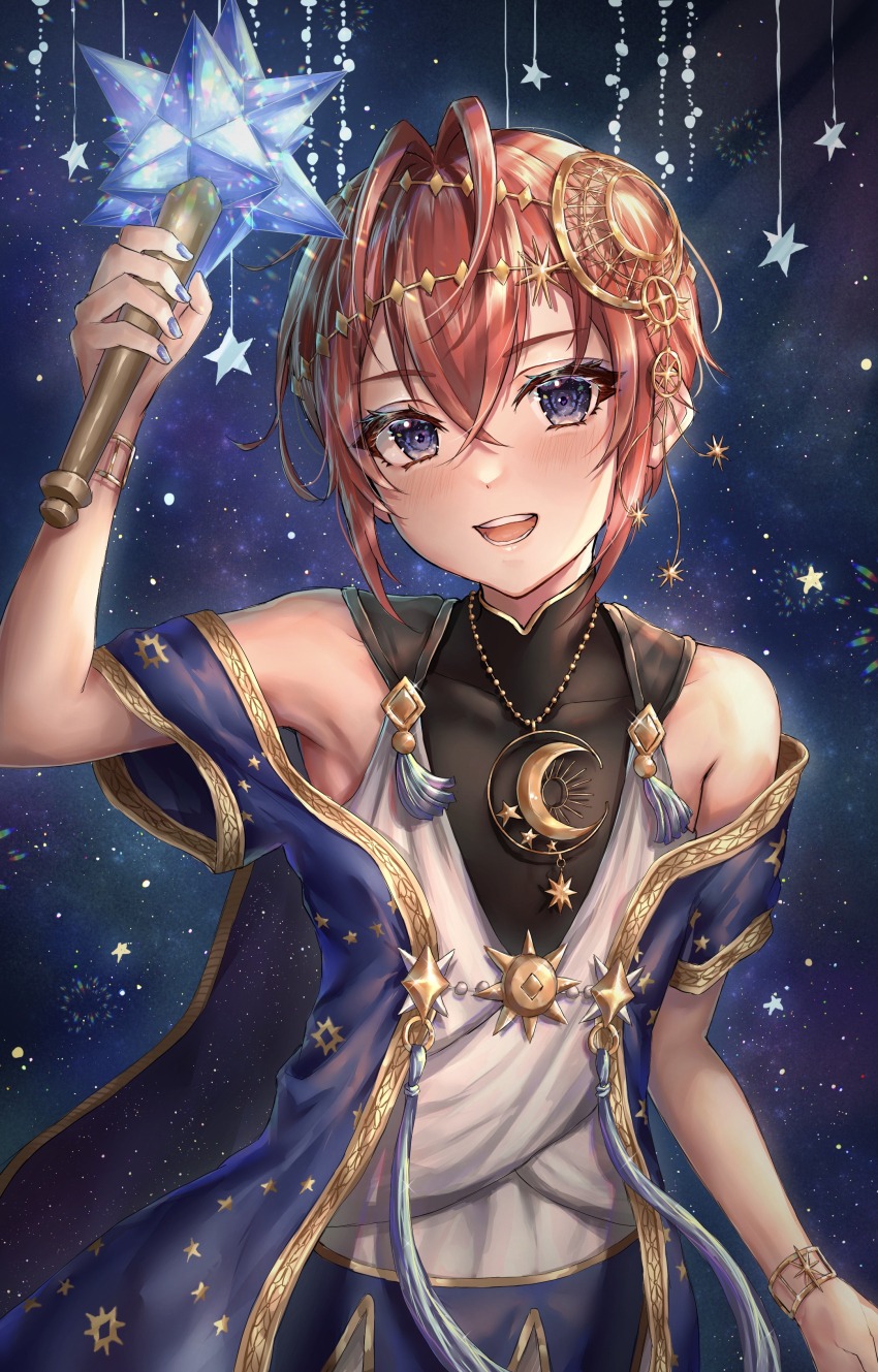 1boy, absurdres, bare_shoulders, blue_eyes, blush, crescent, crescent_necklace, deuce_spade
