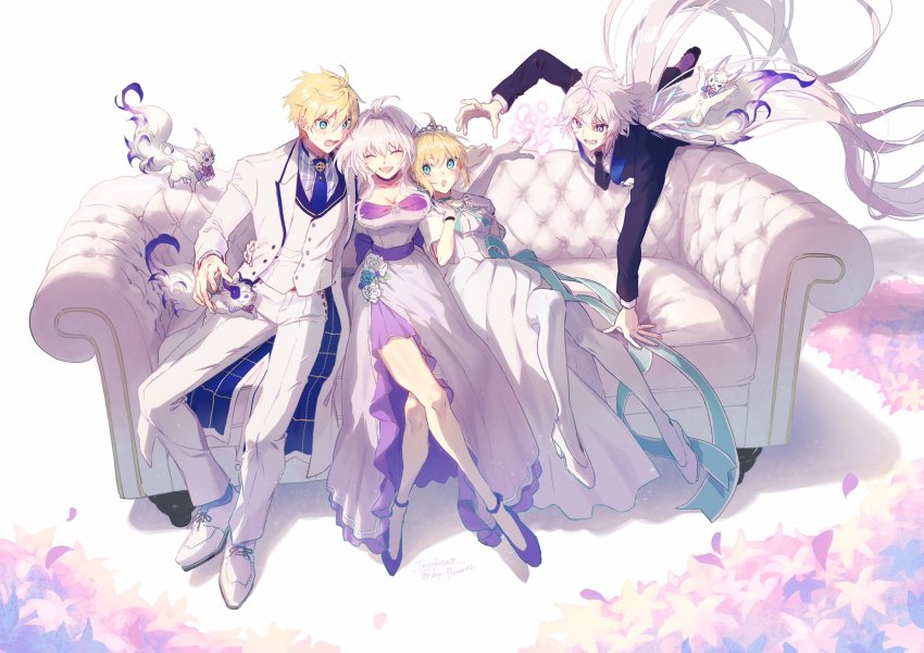 2boys, 2girls, :d, :o, arthur_pendragon_(fate), arthur_pendragon_(white_rose)_(fate), artoria_pendragon_(fate), black_neckwear