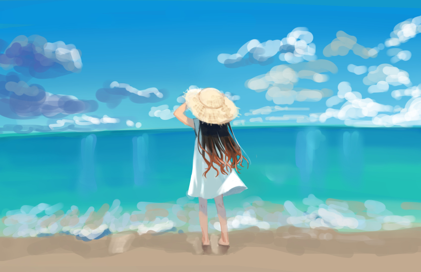 1girl, beach, brown_hair, cloud, dress, from_behind, hat, highres