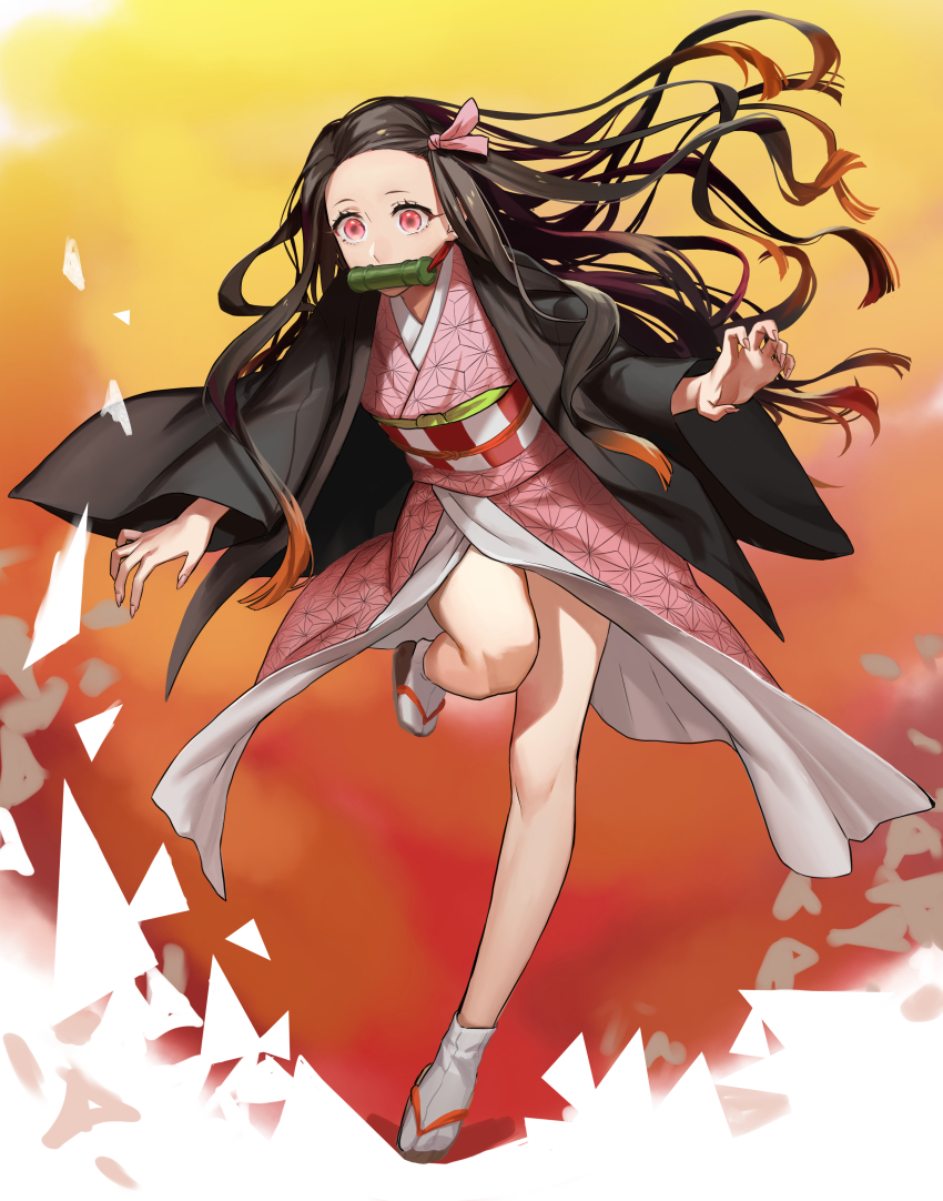 1girl, absurdres, brown_hair, checkered_sash, floating_hair, highres, japanese_clothes, kamado_nezuko