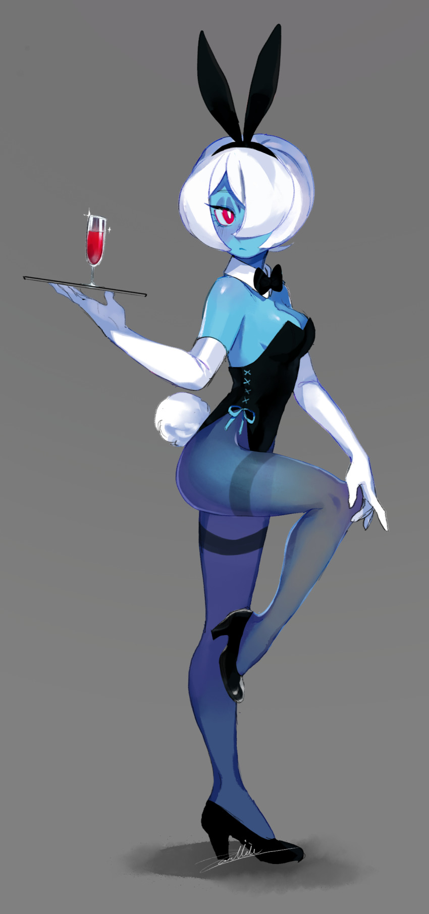 1girl, absurdres, alcohol, black_leotard, black_neckwear, blue_skin, breasts, rabbit_tail, champagne_flute, colored_skin, cup, detached_collar, drinking_glass, elbow_gloves, expressionless, fake_tail, full_body, ghost, gloves, grey_background, hair_over_one_eye, hairband, highres, leg_up, leotard, medium_breasts, original, pantyhose, playboy_bunny, red_eyes, shadow, short_hair, solo, standing, strapless, strapless_leotard, tail, transparent_limb, white_gloves, white_hair, wine, zambiie