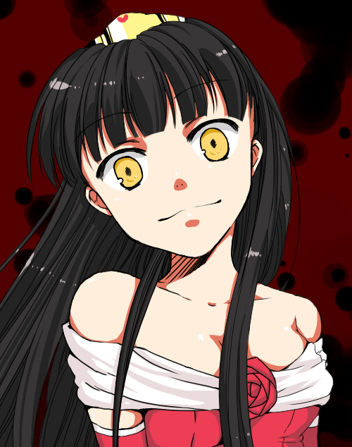 1girl, ako, ako_(so_crazy!?), amagi_yukiko, atlus, bare_shoulders, black_hair, breasts, crazy_eyes, dress, female_focus, hairband, head_tilt, long_hair, megami_tensei, persona, persona_4, shadow_(persona), shadow_yukiko, shin_megami_tensei, smile, solo, tiara, yandere, yellow_eyes