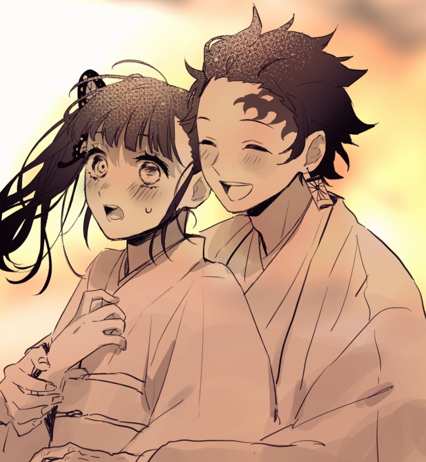 1boy, 1girl, blush, butterfly_hair_ornament, hair_ornament, hug, hug_from_behind, kamado_tanjirou