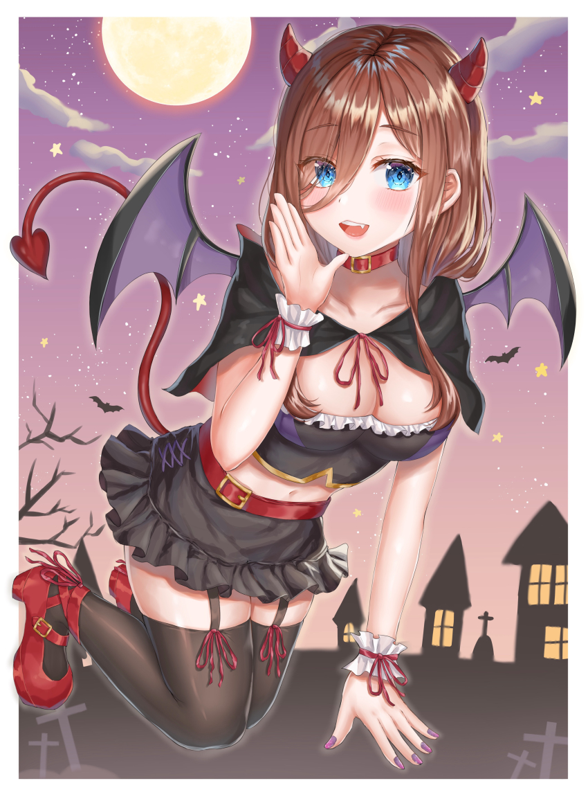 1girl, absurdres, bat_(animal), blue_eyes, breasts, brown_hair, choker, cleavage