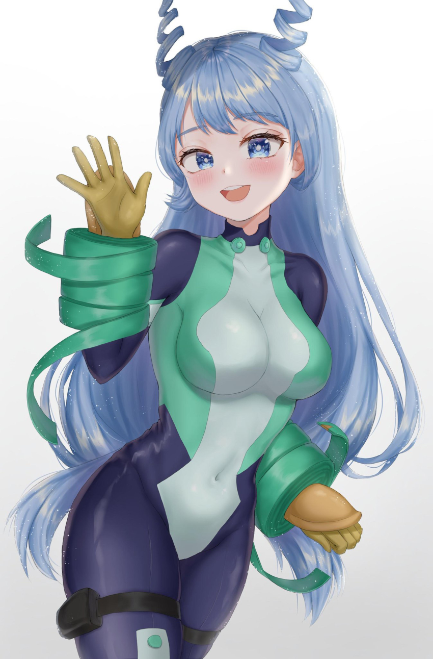 1girl, blue_eyes, blue_hair, blush, boku_no_hero_academia, breasts, cleavage, collarbone